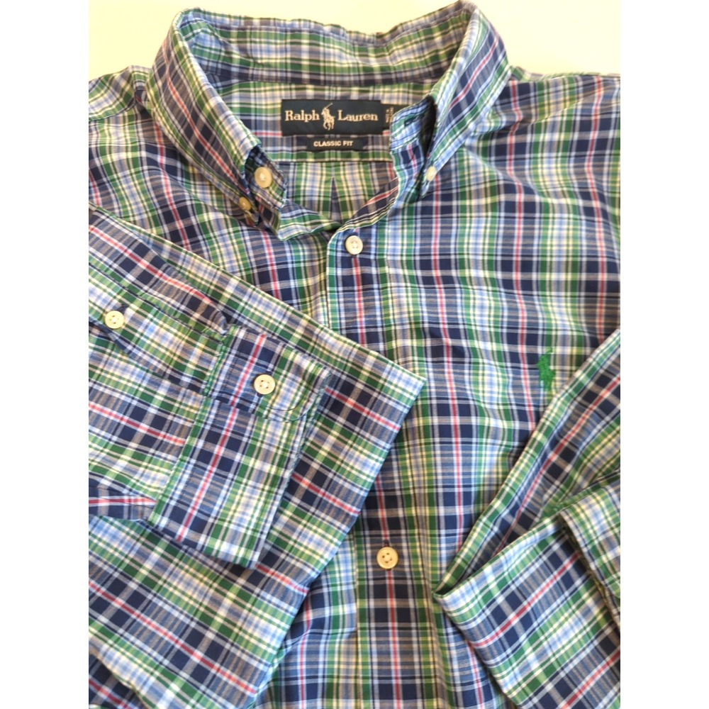 Vtg Ralph Lauren Shirt Men XL Green Blue Plaid Classic Fit Pony Logo Button Up